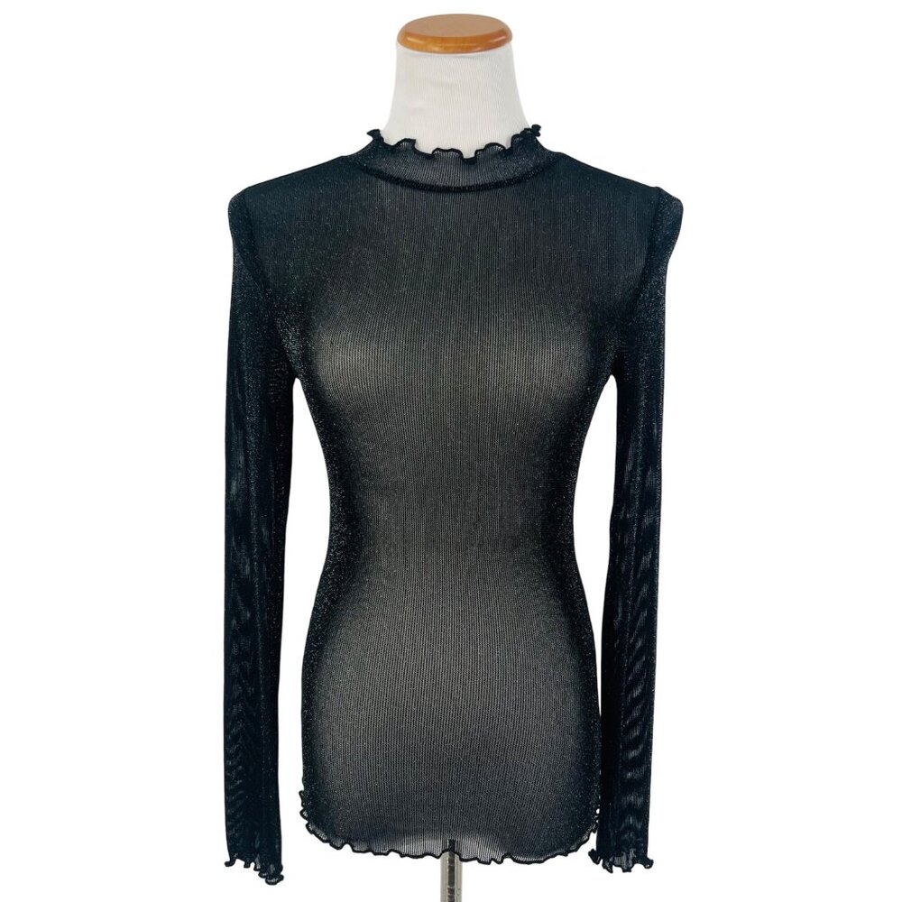 Black Shimmery Sheer Mock Neck Long Sleeve Top S | Rockstar Girlfriend Y3K Siren - Picture 11 of 16